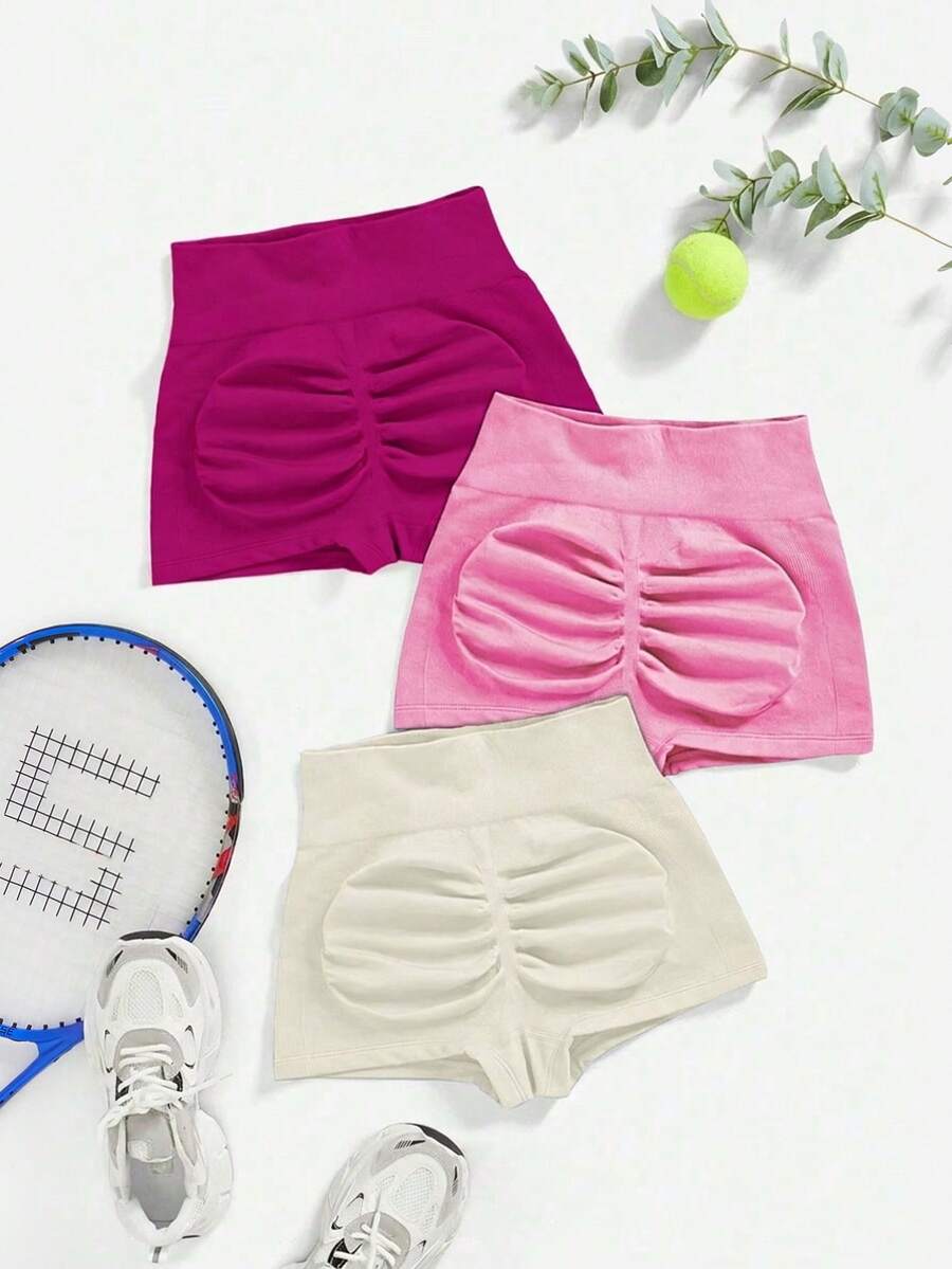 Powerista Solid Color Pleated 3-PCS Tight Fit Athletic Shorts,Seamless Summer Back Hip Pleating Technique