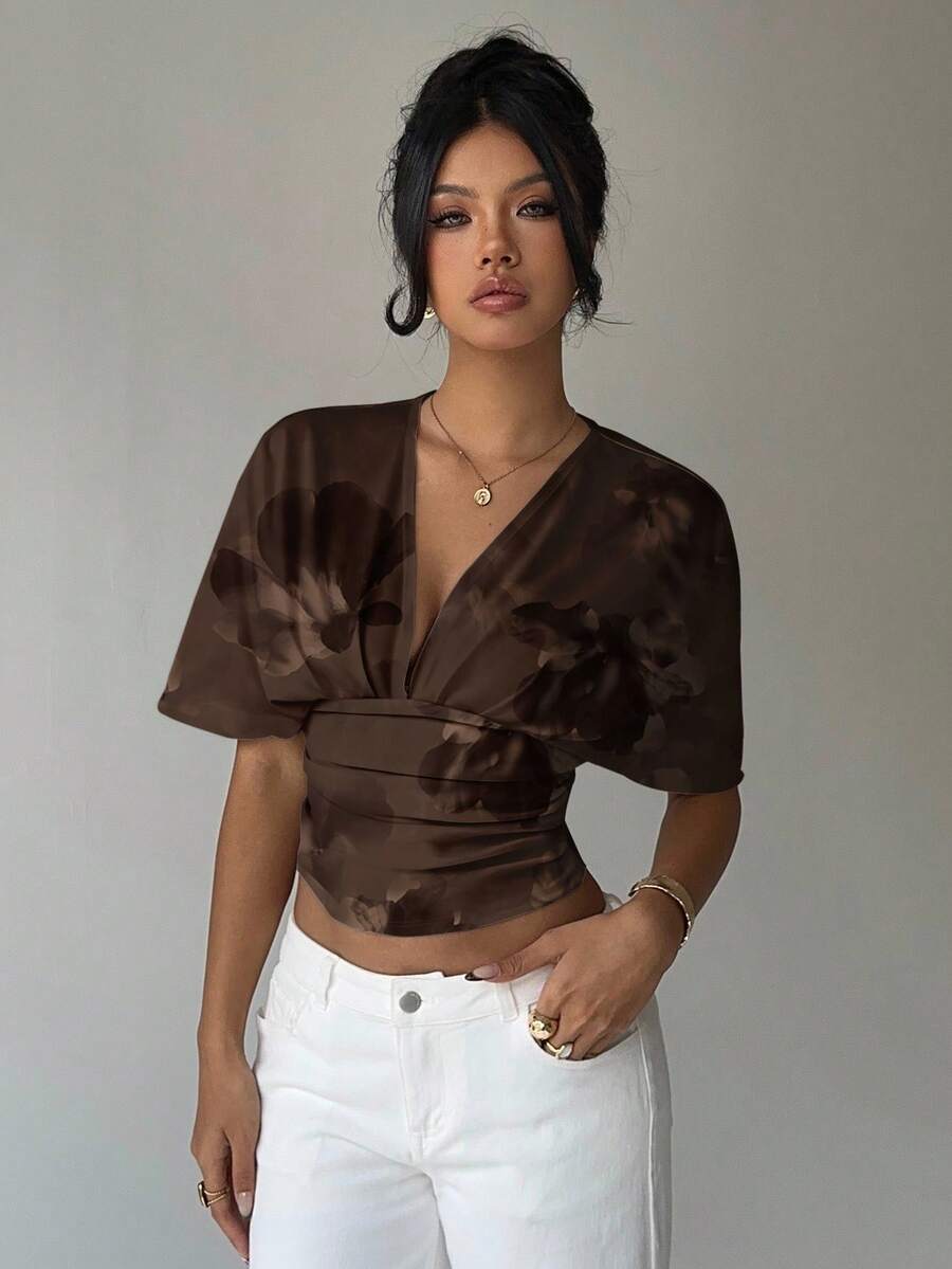 Aloruh Elegant blommig t-shirt med djup V-ringning och åtsittande midja för dam, sommar - Brun - Visa 1