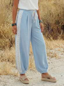 Wildy Women's Light Blue Lace Contrast Patchwork Tapered Pants, Casual Boho Western Country Chic Summer Vacation Holiday Autumn Commuting - Blue - View 4