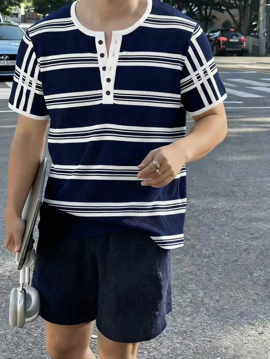 Manfinity Dauomo Men's Striped Button Half-Placket Short Sleeve Casual T-Shirt - White - View 1