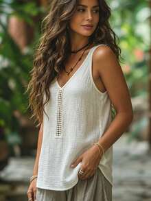 Zayélia Áo thun nữ thời trang đa năng cổ chữ V khoét lỗ bằng móc len, thích hợp cho kỳ nghỉ. - Màu be - Xem 7