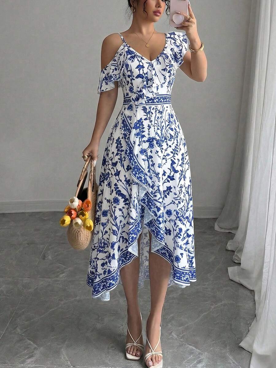 Selianne Women's Asymmetric Ruffle Hem Floral Print Vacation Dress - Multicolor - View 1