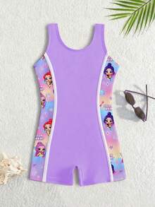 小女孩卡通印花修身连体泳衣 - 紫色 - 查看 3