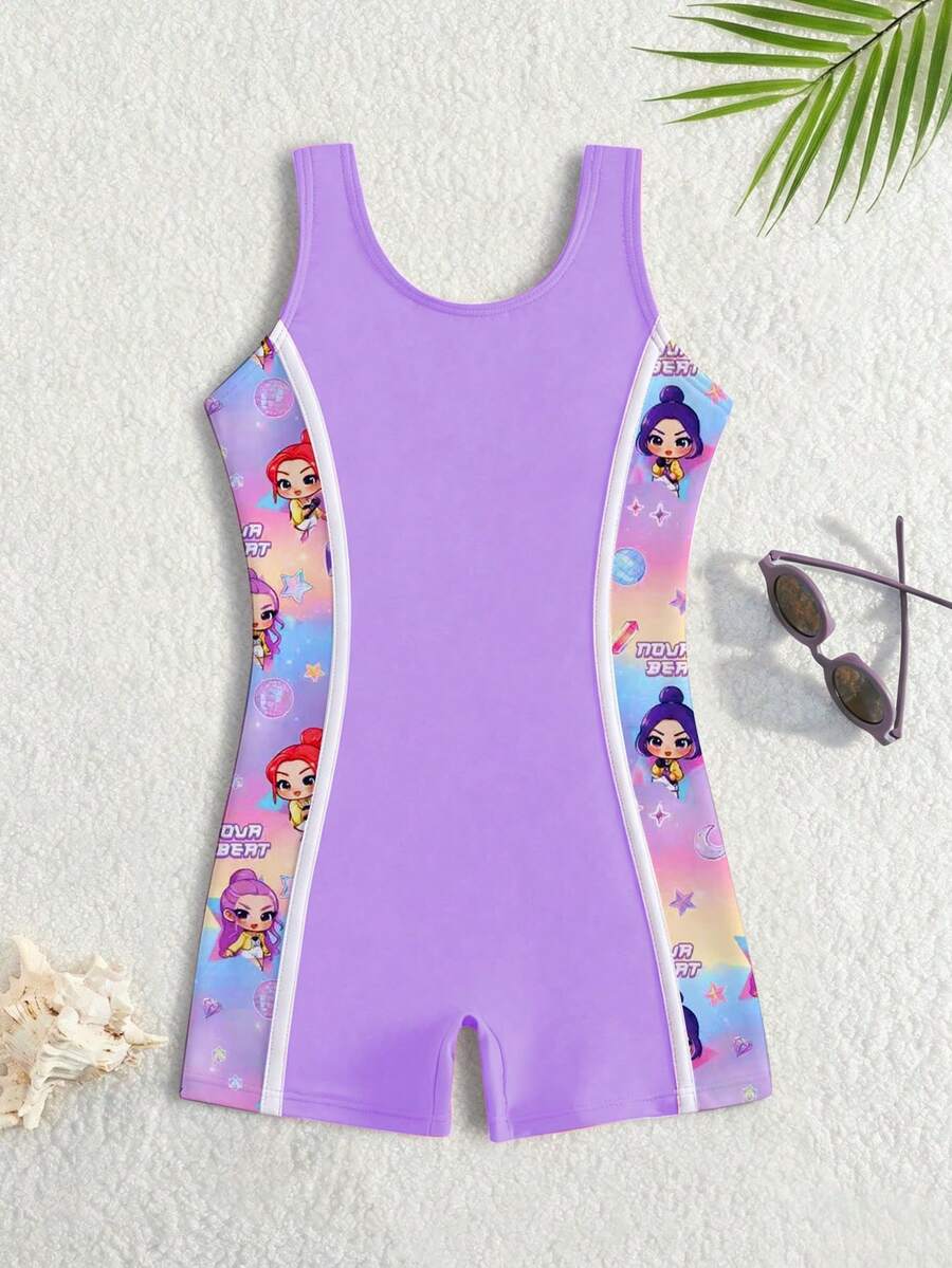 Traje de baño de una pieza ajustado con estampado de dibujos animados para niña - Morado - Ver 1