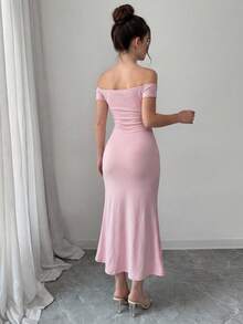 Strapless Slit Snug Fit Skirt, Fashionable & Sexy, Fitted Design, High Waist Slit, Suitable For Party - Pink - View 2