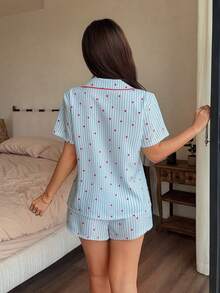 Napfluff Blue Striped & Red Polka Dot Print Short Sleeve Collared Top And Shorts Loose Fit Women Embroidered Heart Pajama Set - Blue - View 2