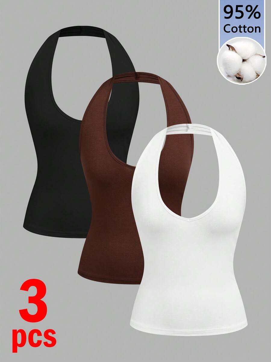 Tseoso Femmes 95% Coton Été 3 pièces Hauts Dos Nu Couleur Unie Noir, Blanc et Marron - Style Élégant Chic de Rue Y2K, Look Mignon Doux Fille et Propre Fille, Parfait pour les Tenues d'Été et de Printemps, Brunch, Tenue de Rue, Soirée, Trajet, Croisière, Voyages à Ibiza, Festivals Occidentaux, Mode Rétro Vintage Genz, Détente à la Maison, Rentrée Scolaire, Sport, Yoga, Vélo, Concerts, Raves et Festivals de Musique - Multicolore - Voir 1