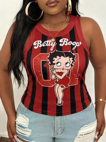 Slaydiva Betty Boop x SHEIN 2026春夏新款大码女装：基础款、休闲可爱黑红条纹大码背心和吊带衫，非常适合夏季穿着，饰有卡通人物图案 - 彩色 - 查看 3