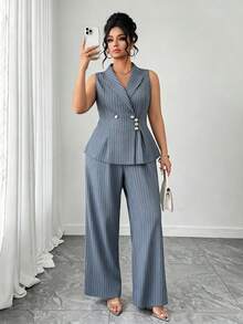 Elenzga Plus Size Women Commuting Minimalist Striped Vest And Pants 2 Pieces Set - Dusty Blue - View 3
