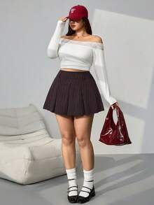 SHEIN EZwear 加大码黑白条纹迷你百褶裙，休闲百搭，适合返校季穿着 - 彩色 - 查看 6