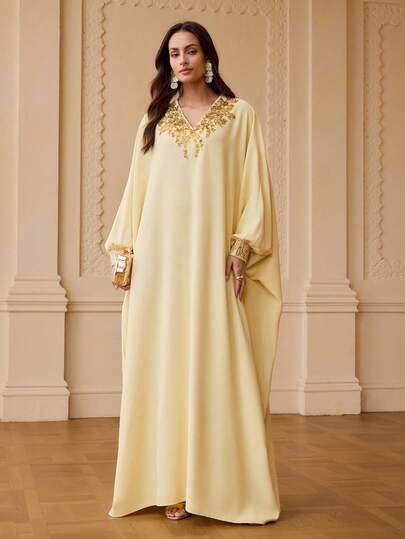 ZEYLAH Đầm nữ thanh lịch tay cánh dơi thêu sequin kiểu Ả Rập