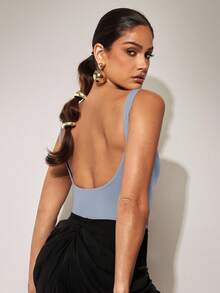 Silquee Women's Solid Color Round Neck Camisole Bodysuit - Baby Blue - View 2