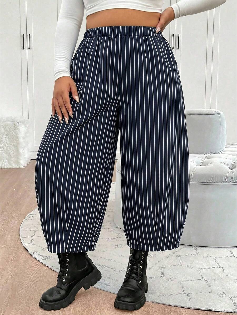 Elenzga Plus Size Vintage Loose Striped Elastic Waist Lantern Pants With Side Pockets - Navy Blue - View 1