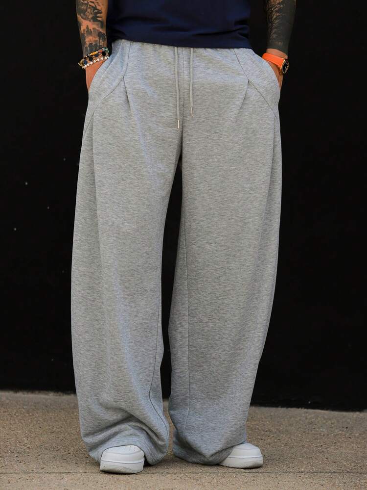 Loose Fit Pleated Design Curved Hem Elastic Waist Men's Sweatpants