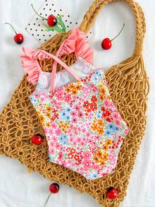SHEIN Vintaside Kids 新生儿碎花连体泳衣，荷叶边装饰，针织面料，休闲版型，适合游泳、度假、夏季穿着，时尚优雅 - 彩色 - 查看 2