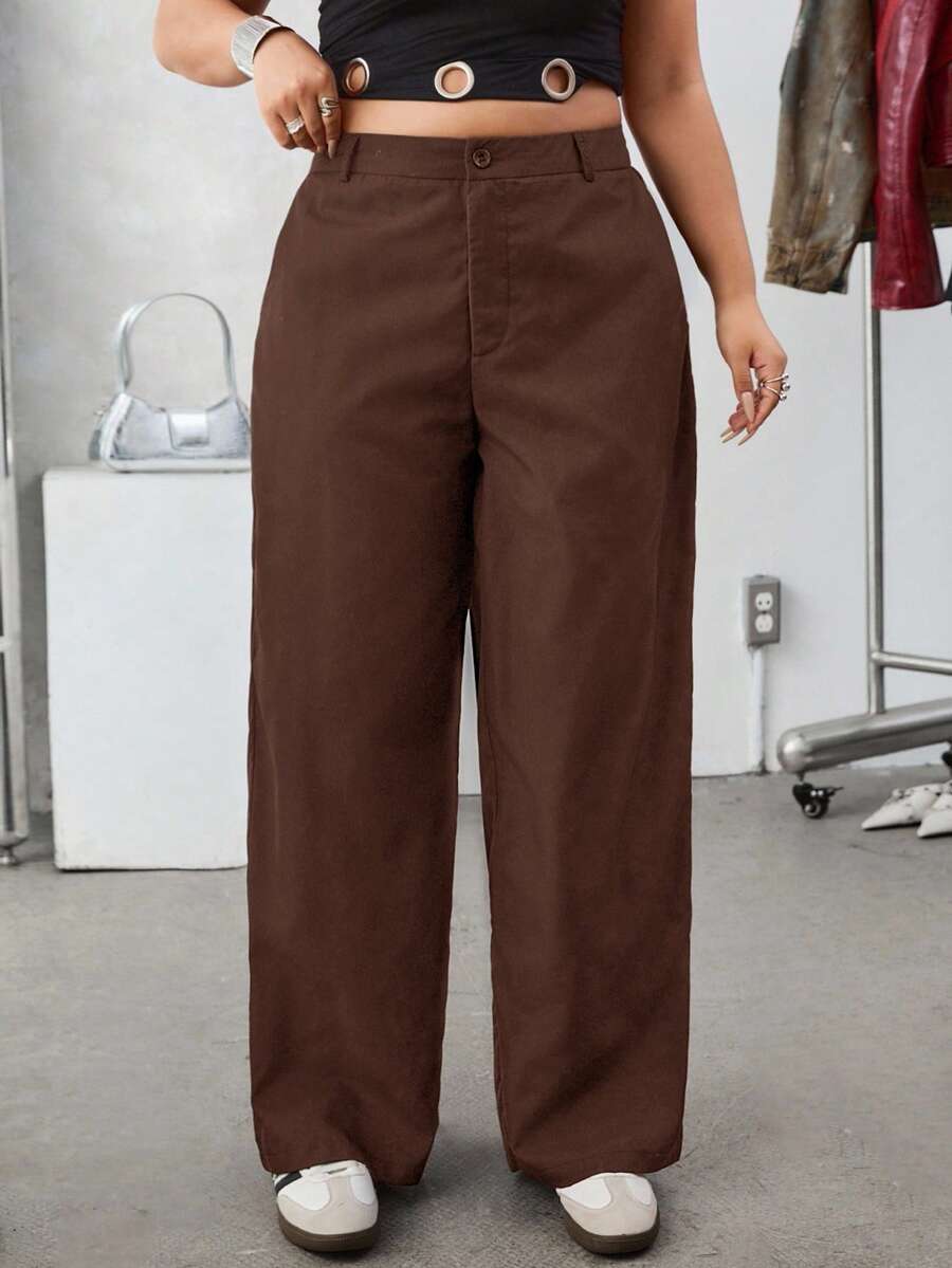 SHEIN EZwear 大码纯色斜插口袋休闲基础款西装裤,棕色,高腰夏季长裤 - 咖啡棕 - 查看 1