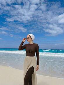 Swim Mulvari Traje de baño de una pieza de manga larga, estilo deportivo y casual para playa y surf, para mujer - Marrón - Ver 3