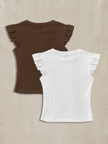 Soleia 2pcs Ribbed Fabric Round Neck Cap Sleeve Fitted T-Shirt Set,Summer Top - Multicolor - View 2