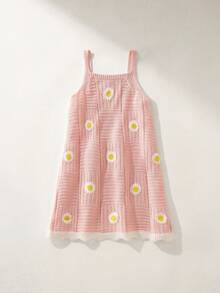 Maija Kids 1件装少女休闲优雅度假宽松可爱雏菊印花粉色无袖白色荷叶边针织吊带连衣裙，适合日常穿着、返校、郊游、聚会、节日、春夏季节。 - 粉色 - 查看 2