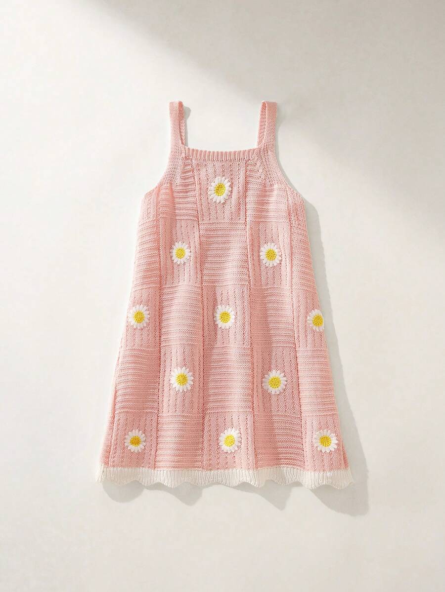 Maija Kids Maija Kids 1件装少女休闲优雅度假宽松可爱雏菊印花粉色无袖白色荷叶边针织吊带连衣裙，适合日常穿着、返校、郊游、聚会、节日、春夏季节。 - 粉色 - 查看 1
