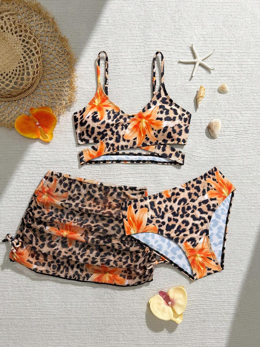 SHEIN TEEN Girls 3 Pieces Set, Random Print - Orange - View 1