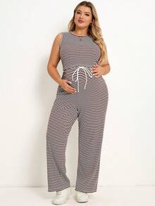 Plussiva Plus Size Maternity Striped Print Round Neck Tank Top And Tie Front Pants Casual 2 Pieces Set - Brown - View 8