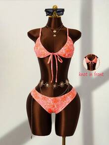 Women's Sexy Knotted Front Printed Bikini Set + Matching Mesh Skirt, Spring/Summer - Multicolor - View 5