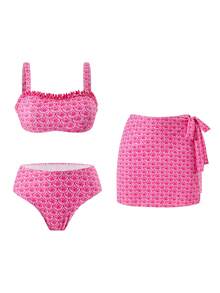 Swim Oasis 3pcs Women's Swimwear Set For Summer, Floral Print Ruffled Strap Top Paired With Wrap Tie Skirt, Beach Holiday Outfit - Pink - View 3
