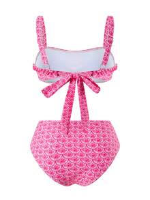 Swim Oasis 3pcs Women's Swimwear Set For Summer, Floral Print Ruffled Strap Top Paired With Wrap Tie Skirt, Beach Holiday Outfit - Pink - View 5