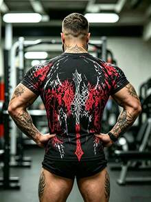 GymBeat Men's Graphic Print Raglan Short Sleeve Compression Sports T-Shirt, Summer - Black - View 2