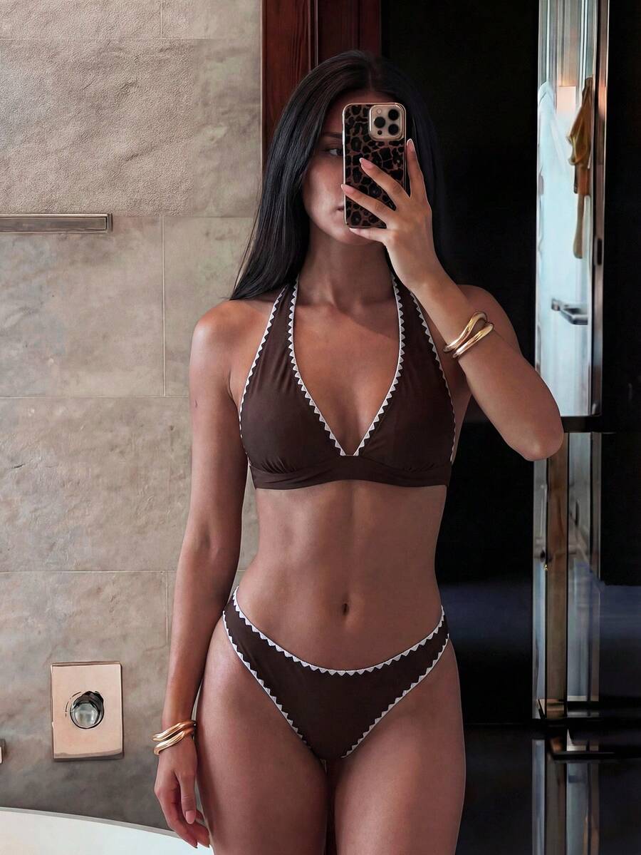 Costavie Bộ bikini hai mảnh buộc cổ kiểu dáng thường ngày dành cho nữ mùa hè, kiểu dáng casual, gồm bikini viền ren và quần tam giác, màu nâu, thích hợp cho đi biển. Bộ bikini 2 mảnh dành cho nữ, trang phục đi nghỉ mát cho nữ. - màu nâu - Xem 1