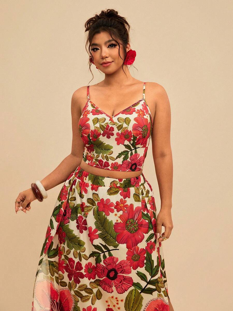 Travachic Plus Size Floral Print Tie-Front Backless Cami & Side Slit Skirt 2-Piece Set, Casual Holiday - Multicolor - View 1