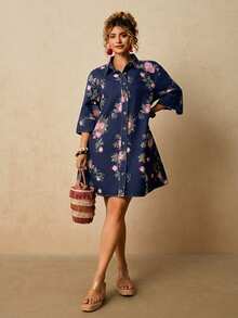 Travachic Plus Size Casual Boho Floral Print Button Front Denim Dress Vacation Dusty Blue Autumn - Dark Wash - View 3