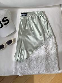 Comfortcana Women's Lace Patchwork Elastic Waist Casual Shorts Satin Skirt Lace - Green - View 1