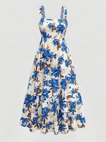 Vionelle Đầm maxi dáng chữ A, dây mảnh, có thể điều chỉnh vòng ngực, in hoa, viền bèo nhún, dành cho nữ, cỡ lớn. - Nhiều màu - Xem 3