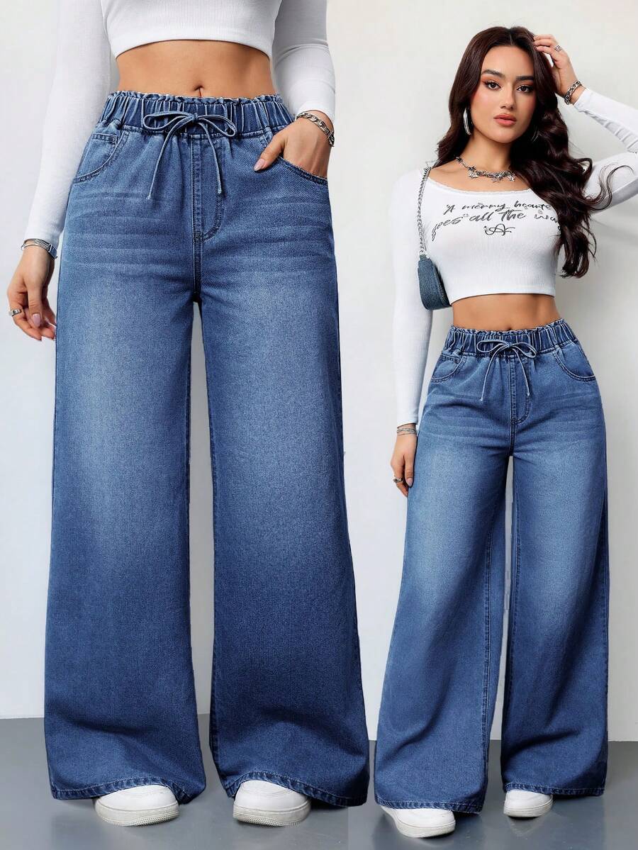 SHEIN Tall Quần jeans nữ dáng rộng cạp cao màu xanh dương, quần jeans nữ mùa hè, quần jeans cạp chun, quần jeans dáng suông rộng rãi. - Rửa tối - Xem 1
