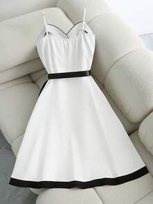 SHEIN Franclia Elegant French Women's Black And White Contrasting Suspender Waist Cinched Dress,Retro Single Breasted Summer Holiday Tea Party Graduation Dress - Black and White - View 2