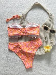 Swim Mod 女士泳衣，少女款，镂空花边，心形领口，甜美可爱，碎花图案，罗纹面料 - 彩色 - 查看 3