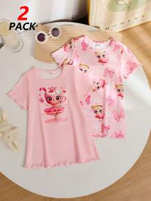 Genkimix Kids 2件套女婴仙女蝴蝶印花图案粉色小仙女定位印花袖口和下摆饰边睡衣套装 - 粉色 - 查看 1