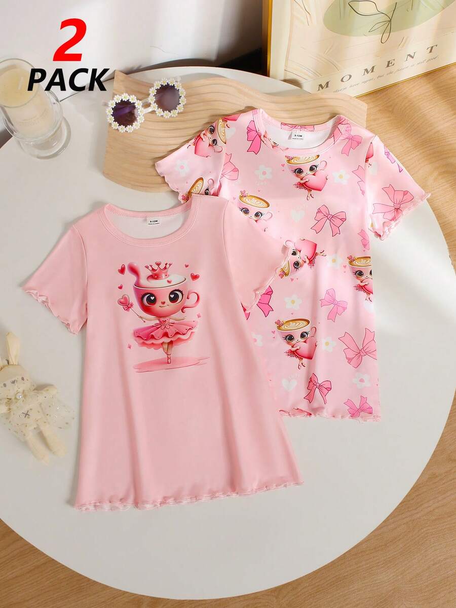 Genkimix Kids 2件套女婴仙女蝴蝶印花图案粉色小仙女定位印花袖口和下摆饰边睡衣套装 - 粉色 - 查看 1