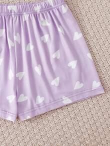 Ensemble 2 pièces Top à manches courtes et short violet, imprimé nuage et cœur, doux et confortable, style décontracté ample, pour l'été - Prune - Voir 6