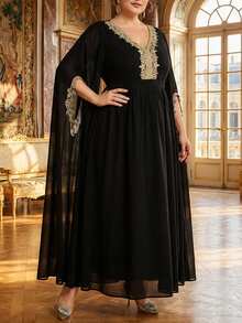 SHEIN CURVE+ 大码女式重工长款宫廷风优雅连衣裙 - 黑色 - 查看 6