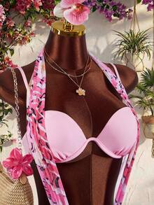 Amplova 女士挂脖式连体泳衣，网纱拼接，性感露背设计，度假装扮，女士度假服，假日装扮 - 粉色 - 查看 6