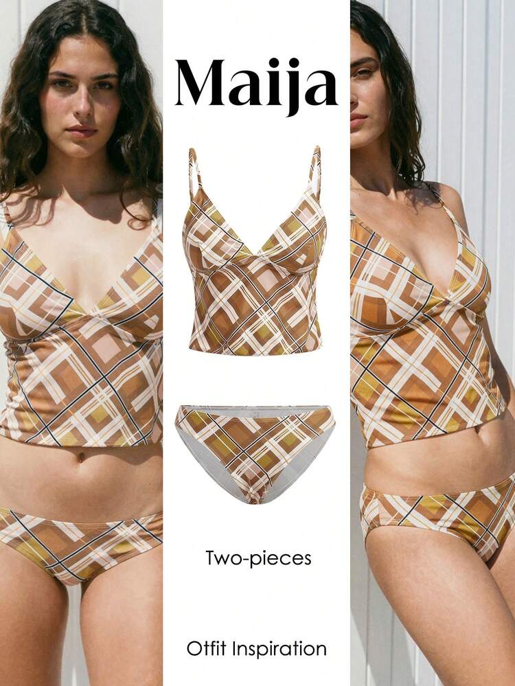 SHEIN Maija レディース スパゲッティストラップ ノースリーブ チェック柄 カジュアル ビーチ水着セット