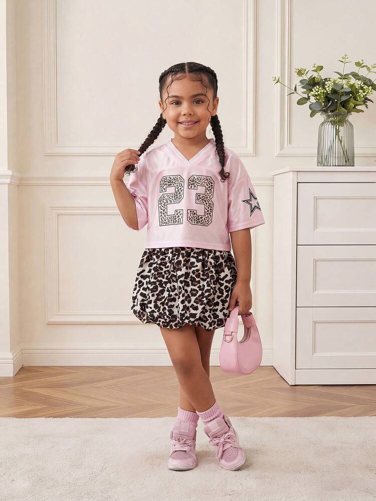 SHEIN Young Girl Casual V-Neck Short Sleeve Top And Leopard Print Pants Set - Multicolor - View 5