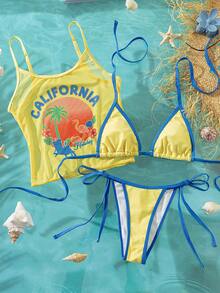 Zestiva Nuevo conjunto de bikini de verano sexy con tirantes halter y cubre, traje de baño de 3 piezas para busto pequeño, bikini estilizador y de moda con tirantes, ropa de baño para vacaciones en la playa - Multicolor - Ver 1