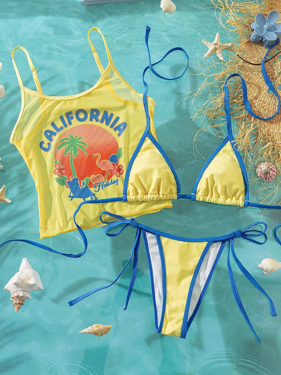 Zestiva Nuevo conjunto de bikini de verano sexy con tirantes halter y cubre, traje de baño de 3 piezas para busto pequeño, bikini estilizador y de moda con tirantes, ropa de baño para vacaciones en la playa - Multicolor - Ver 1