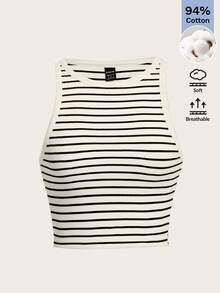 SHEIN BASICS Women's Casual Striped Fitted Cropped Tank Top, Summer Tops For Ladies Casual Summer Tops - Black and White - View 7