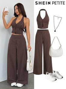 SHEIN PETITE Spring/Summer Office Lady V-Neck Sleeveless Top With Open Back & Wide Leg Pants, Slimming And Lengthening Outfit For Streetwear Brown Two Piece Set Women Striped Two Piece Set - Brown - View 14