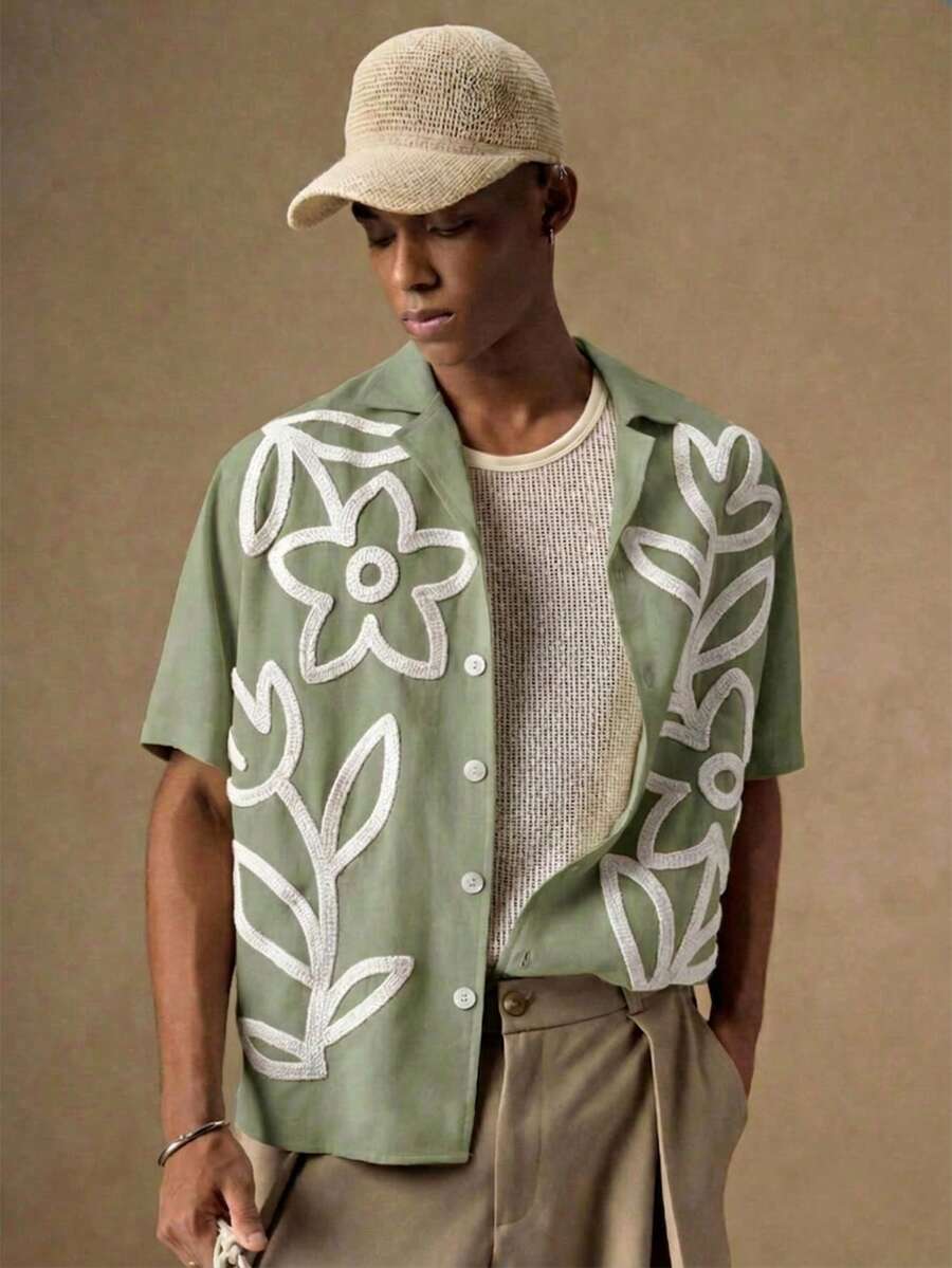 AKNOTIC Business Casual 男士淺綠色酪梨綠刺繡花卉休閒寬鬆短袖襯衫，適合年輕人、日常穿著、外出、旅行、送男友、老師、度假、父親節禮物